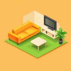 Isometric room with orange sofa and TV on colorful yellow flooring.