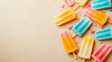 The banner showcases a beautiful arrangement of colorful ice cream popsicles on a beige background.