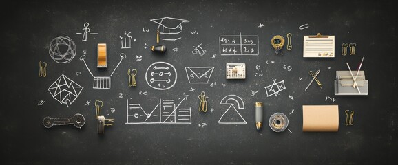A collection of various stationery items and graphs on a chalkboard