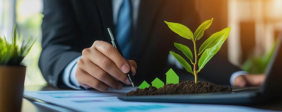 A CEO presenting a longterm business growth plan powered by green initiatives