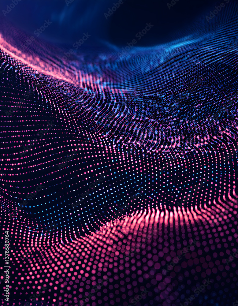 Poster abstract digital wave pattern with vibrant blue and pink gradients, creating a dynamic, flowing text
