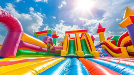 Big Bouncy Castle Slide in a Colorful Garden
