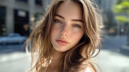 Obraz premium Portrait of a Young Woman with Freckles and Long Brown Hair in a City Setting