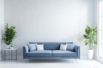 Farmhouse living room with blue furniture against empty white background. AI generated illustration.