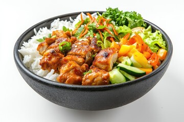 Fototapeta premium Food dish menu with jollof chicken, white rice, and mixed vegetables. AI generated illustration.
