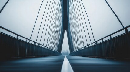 Fototapeta premium view of a modern bridge from the road level, steel cables rising symmetrically on either side, creating a grand passageway.