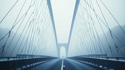Fototapeta premium view of a modern bridge from the road level, steel cables rising symmetrically on either side, creating a grand passageway.