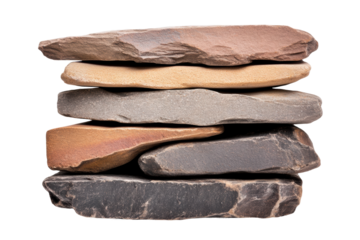 Stack of six varied sedimentary rocks isolated on black background, cut out