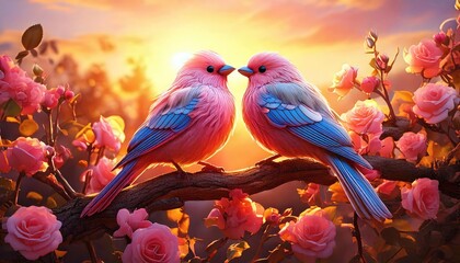 Fototapeta premium A vibrant pair of tropical birds, red and green, perch lovingly on a wild branch