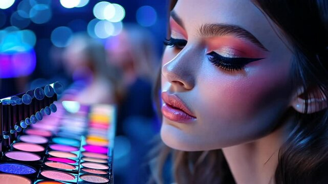 Glamorous makeup model, vibrant colors, professional artistry