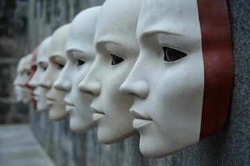 Row of expressionless, white masks displayed on a stone wall, evoking a mysterious and dramatic atmosphere.