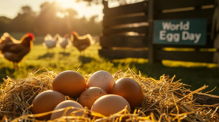 Fresh Farm Eggs in Hay Nest at Golden Hour, World Egg Day Celebration