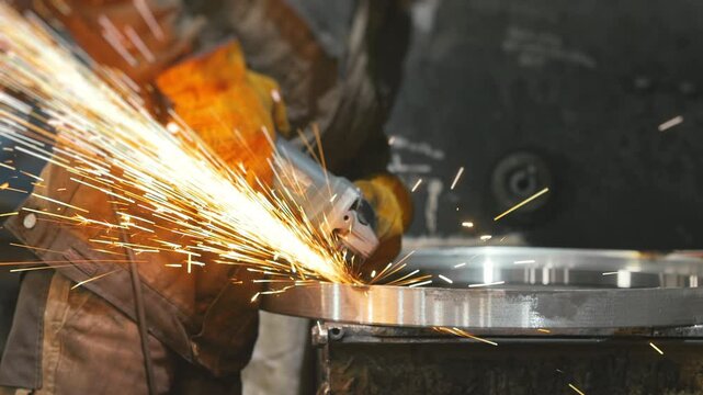 A worker grinds a steel circle with a grinder at a metalworking plant. Sparks fly from hot metal. Man hard worked over the steel at factory. 