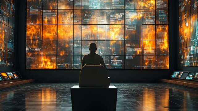 Silent observer in a crisis room, facing a wall of burning screens displaying critical data