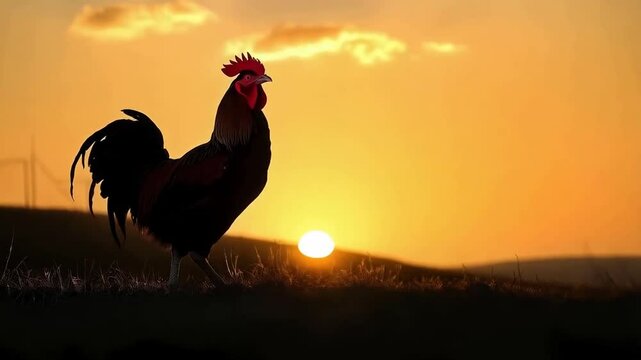 Early morning represented by a cockarel crowing as the sun rises