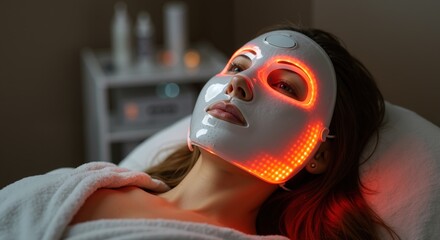 Woman receiving LED light therapy facial treatment in beauty salon. Female with illuminated red mask during professional skincare procedure. Modern aesthetic technology for skin rejuvenation