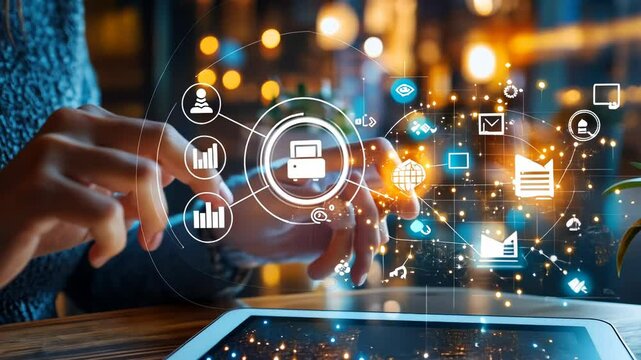 Digital transformation, modern technology, and business process optimization visualized on a tablet.  Hands interacting with a holographic interface
