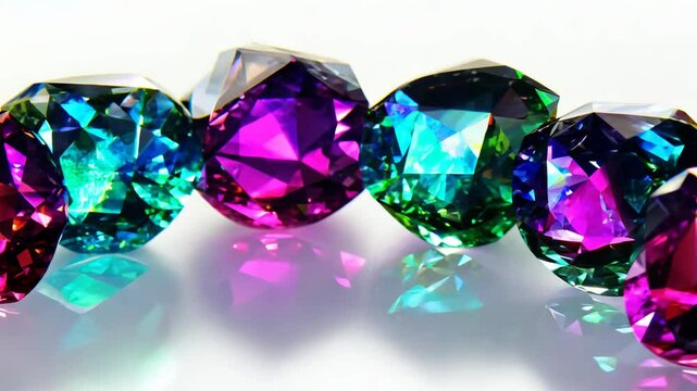 A row of colorful gems are lined up. The gems are purple, green, and blue. They are all different sizes