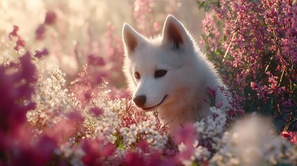 Obraz premium Cute siberian husky puppy in flower garden in nature
