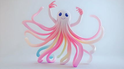 Fototapeta premium Abstract Digital 3D Render of a Cute Pink and White Octopus with Tentacles Against a White Background
