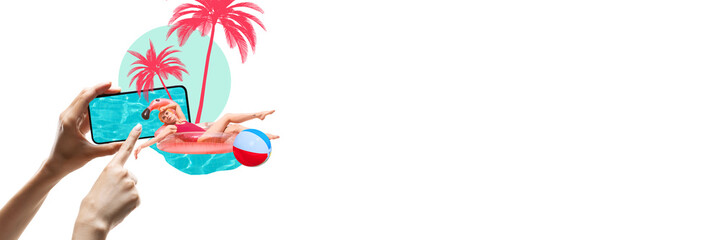 Woman on flamingo float lounging in phone pool with red palms and beach ball. Contemporary art collage. Concept of summer, vacation, relaxation, joy, mobile escape, fun, digital beach. Banner