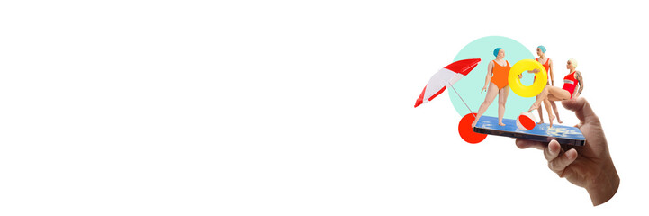 Group of women win swim caps and posing on floating phone under umbrella with beach props. Contemporary art collage. Concept of summer, vacation, digital travel, tourism. Copy space for ad. Banner