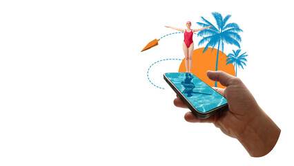 Diver in red swimsuit standing on phone pool with paper plane and orange sun behind palms....