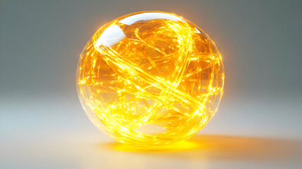 Abstract Glowing Sphere with Interconnected Golden Light Streaks Floating on a Light Gray Surface Emitting a Soft Radiance Creates Magical Futuristic Ambiance