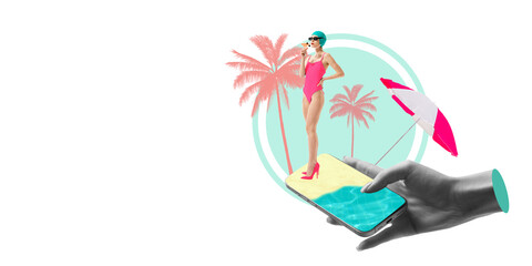 Stylish woman in pink swimsuit and heels standing on digital island and drinking cocktail. Contemporary art collage. Concept of summer, vacation, digital travel, tourism, retro. Copy space for ad