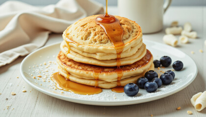 Modern food photo advertisement: A stack of fluffy pancakes drizzled with golden syrup and garnished with blueberries sits invitingly on a white plate, perfect for a delicious breakfast.