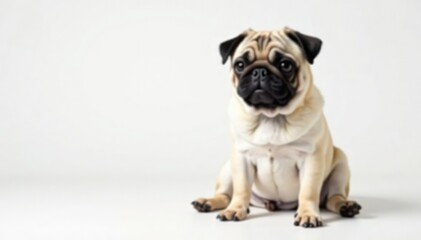 Adorable pug dog sits against white background, photo, studio, cute pug