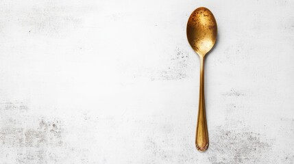 Close-up view of a radiant golden spoon isolated on an immaculate white background
