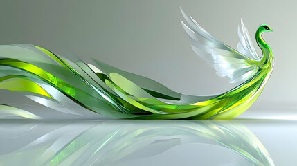 Abstract Green and White Swan Design with Reflective Surface Elegant Bird with Curved Shapes and Modern Artistic Elements on a Plain Background