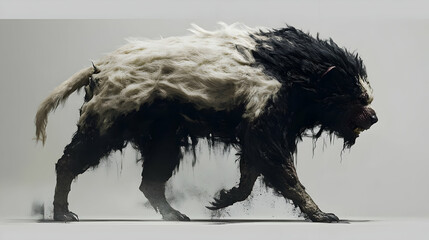 Abstract Image of a Black and White Dog with a Textured Fur Walking in a Studio Setting on Plain Background a Modern Concept