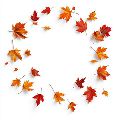 Autumn leaves forming round frame on white background