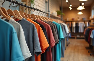Obraz premium T-shirts on display inside clothing store. Colorful shirts hanged on hangers. Shopping at boutique. Fashion retail, customers choose apparel. Shopping, sale season.