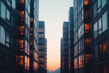 Sunset illuminates modern buildings, creating serene urban atmos
