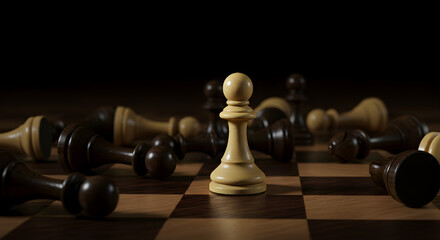 White Pawn Stands Victorious Among Fallen Black Chess Pieces on Wooden Chessboard in Dramatic Lighting