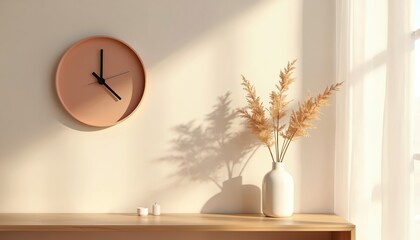Minimalist interior design features wall clock with plant vase on wood table. Beige wall background, window, soft light. Natural home decor creates peaceful relaxing vibe and zen atmosphere.