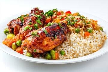 Fototapeta premium Food dish menu with jollof chicken, white rice, and mixed vegetables. AI generated illustration.