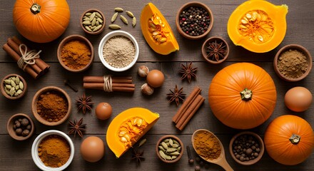 Arrangement of Pumpkins, Spices, and Baking Ingredients on Wooden Table