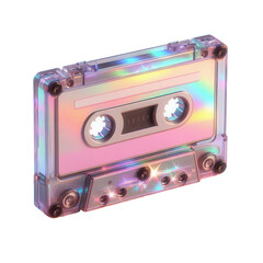 A pink iridescent cassette tape sits angled on a white background. y2k style design transparent background