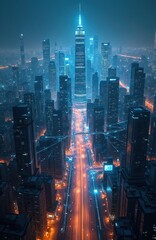 Fototapeta premium Futuristic cityscape with 5G connectivity. Illuminated skyscrapers, glowing interfaces, advanced technology, network of connections, IoT devices. Digital transformation, smart city concept.