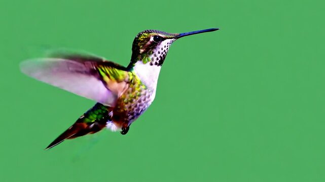 Hummingbird mid-flight iridescent green gold feathers hovering solid green background rapid wing motion wildlife nature macro photography vibrant colors. Bird flying on green screen.