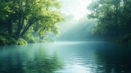 Tranquil Lakeside Scene with Lush Greenery