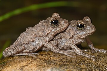 Obraz premium Close-Up Photography of Two Skipper Frogs Sitting Together on a Stone Surrounded by Natural Green Background