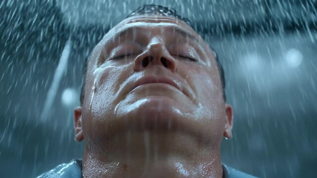 Man experiencing intense emotion under falling water, capturing a moment of reflection and solitude amid a shower setting