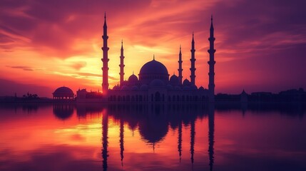 Obraz premium orange and purple, the shadow of a mosque reflects peace and spirituality at dusk.