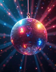 Shiny disco ball with colorful lights. Party, nightlife, dance, music celebration theme background. Mirror ball sparkles, creating vibrant festive atmosphere for clubbing and retro parties.