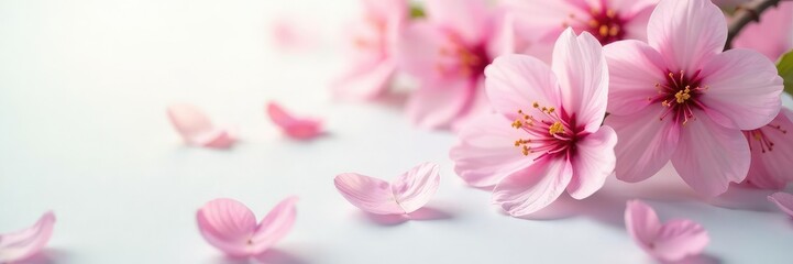 Obraz premium Delicate cherry blossom in soft focus on a clean white surface, petals, gentle, pink